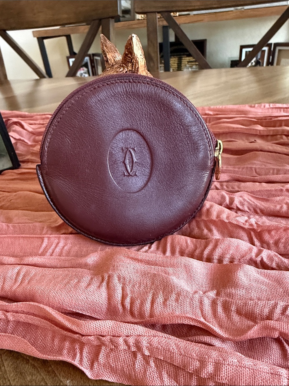 Cartier Round Coin Purse in Burgundy with Gold Hardware